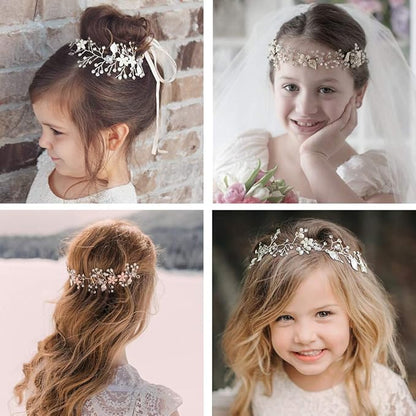 SWEETV Flower Girl Headpiece Silver Princess Wedding Headband -Baby Girls Flower Pearl Hair Accessories for Birthday Party, Photography