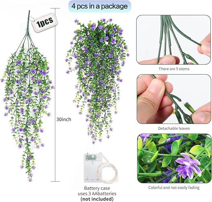 SJL Hanging Greenery 4pcs Realistic Artificial Hanging Plants with Lights Indoor Faux Ivy Plastic Flowers Green Leaves Fake Plants Eucalyptus for Bedroom Party Porch Decor (Purple)