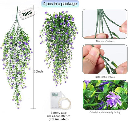 SJL Hanging Greenery 4pcs Realistic Artificial Hanging Plants with Lights Indoor Faux Ivy Plastic Flowers Green Leaves Fake Plants Eucalyptus for Bedroom Party Porch Decor (Purple)