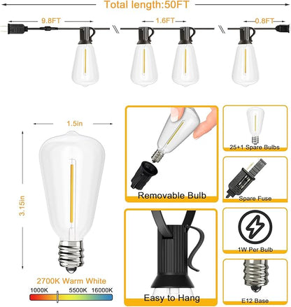 Svater Outdoor String Lights, 50 FT Patio String Lights with 25+1 ST38 Dimmable LED Shatterproof Waterproof Bulbs, Connectable Hanging Lights for Bistro Backyard Porch Balcony Party