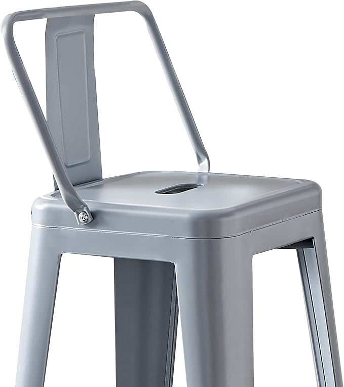 AC Pacific 30” Metal Barstool Set of 2 – Country Rustic Style with Low Back, Lightweight & Sturdy Build, Easy Assembly – Matte Silver