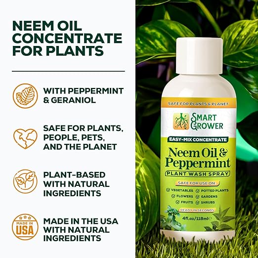 Neem Oil Spray for Plants with Peppermint Oil – for Indoor & Outdoor Plants, Gardens, & Houseplants– Best Value Refill 4 oz Concentrate Makes 1/2 Gallon RTU