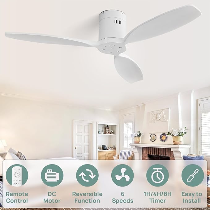 Sofucor 52 Inch Smart Ceiling Fan Without Light Flush Mount Solid Wood Ceiling Fan with Alexa/Google/APP/Remote Control-Modern Outdoor Ceiling Fans No Light for Bedroom/Patio/Indoor, White
