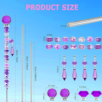 Exway 100 PCS DIY Fairy Wand Beaded Garden Stake Beads Kits with Purple Large Hole Beads 4 Crystal Stopper Top Threaded Rods and 4 Purple Sparkling Crystal Pendants for Outdoor Indoor Decor