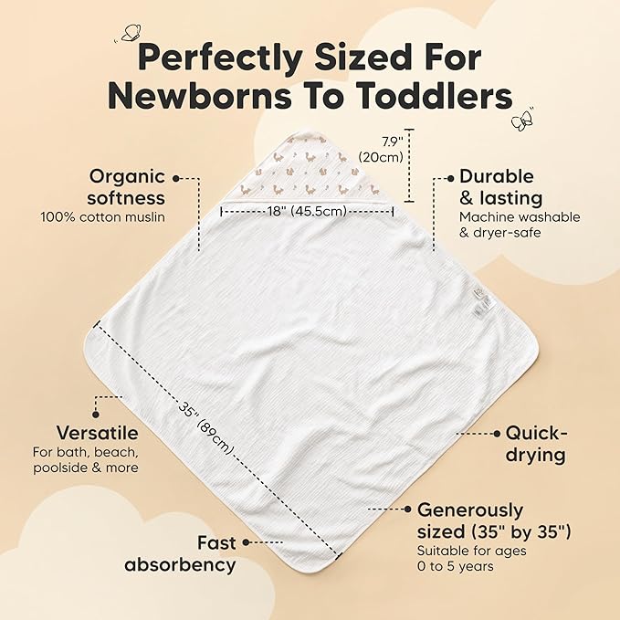 KeaBabies Muslin Baby Bath Towels with Hood for Girls, Boys -Large Organic Cotton Hooded Baby Towels for Newborns,Toddlers,Infant,Kids,Soft Absorbent Newborn Bath Essentials Gift Set(Nibbles, Regular)
