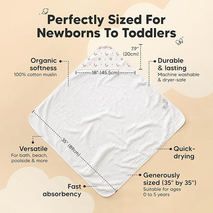 KeaBabies Muslin Baby Bath Towels with Hood for Girls, Boys -Large Organic Cotton Hooded Baby Towels for Newborns,Toddlers,Infant,Kids,Soft Absorbent Newborn Bath Essentials Gift Set(Nibbles, Regular)