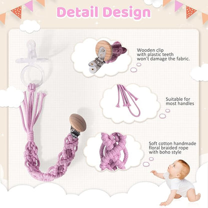Boho Pacifier Clip for Boys Girls Pacifier Holder Leash Wooden Clips Handmade Braided Cotton Unisex Baby Shower Birthday Gift Christmas Gift