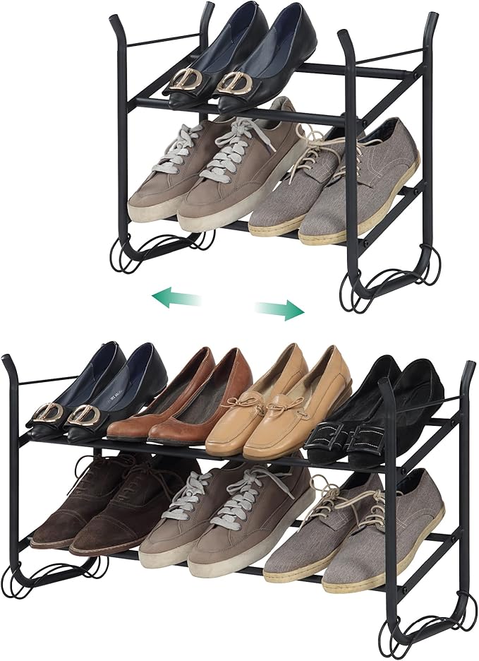 SunnyPoint Expandable & Stackable 2-Tier Shoe Rack – Adjustable Shoe Organizer for Entryway, Closet or Bedroom, Holds 4 to 8 Pairs, Space-Saving Metal Shoe Storage Shelf (17.5"–31.49" W) (BLK, 2 Tier)