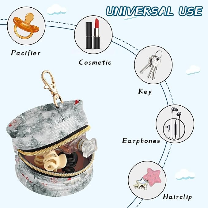 Pacifier Holder with Clip Pacifier Case for Diaper Bag Round Baby Pacifier Pouch Box Bag Portable Pine Forests Bears Birds Grey
