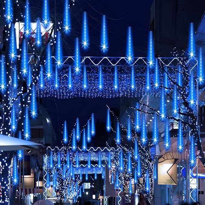 Adecorty Outdoor Christmas Lights Meteor Shower Light UL Certified 8 Tubes 192 LED Snow Falling Rain Drop Light Dripping Icicle String Lights for Christmas Tree Decorations Xmas Wedding Party, Blue
