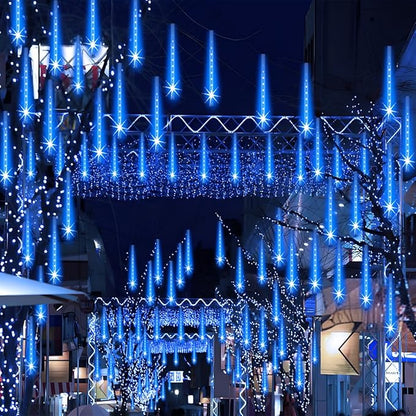 Adecorty Outdoor Christmas Lights Meteor Shower Light UL Certified 8 Tubes 192 LED Snow Falling Rain Drop Light Dripping Icicle String Lights for Christmas Tree Decorations Xmas Wedding Party, Blue