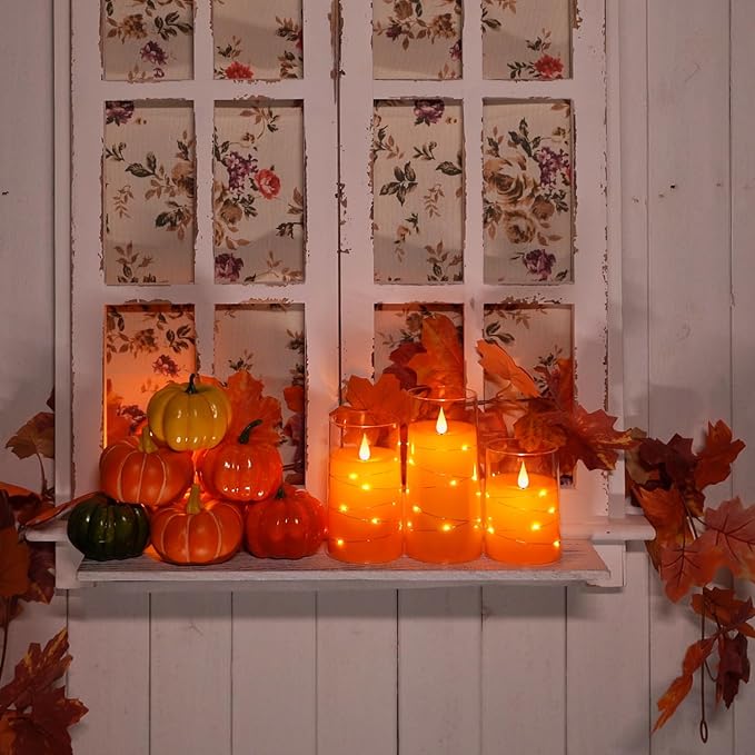 Homemory Halloween Orange Flameless Candles with String Lights, Battery Operated LED Candles with Remote and Timer, Candles for Halloween Decoration, Fall, Harvest Festival