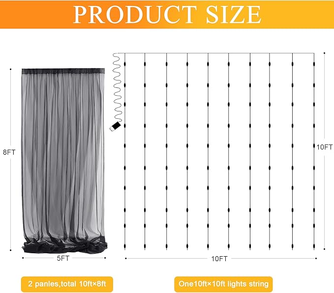 Fomcet Black Tulle Backdrop Curtains with Lights String 10FT X 8FT Sheer Curtain with Lights Tulle Curtains Backdrop for Wedding Birthday Party Baby Shower Photo Shoot (2 Panels 5x8FT)