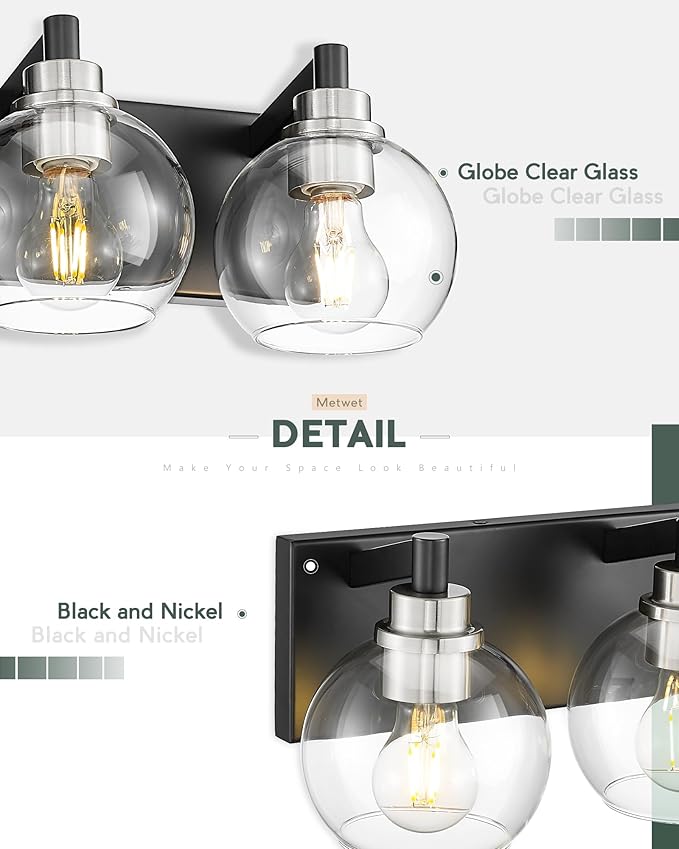 Bathroom Light Fixtures, 4-Light Black and Brushed Nickel Bathroom Vanity Light, 26 Inch Modern Wall Sconces with Globe Clear Glass Shade, Vanity Lighting Fixtures Over Mirror, VL195-KN-4