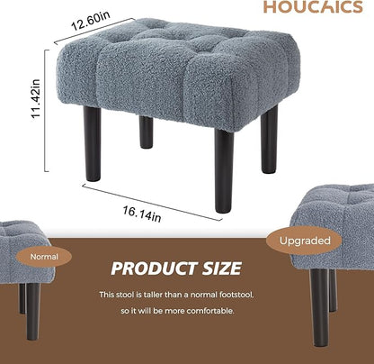 HOUCHICS Fur Padded Foot Stool, Small Ottoman Rest with Wooden Legs, Modern Rectangle Chair Rest for Living Room, Couch, Desk (Grey)