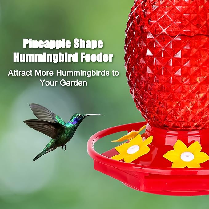 Glass Hummingbird Feeders for Outdoors Hanging Ant and Bee Proof Red 16OZ 1 Pack Pineapple Hummingbird Feeder with Leak Proof for Outside & 6 Feeding Ports Gifts for Women Garden Decor