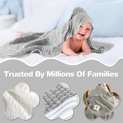 MUKIN Baby Hooded Towels, Muslin Cotton, 2-Pack, for Newborn, Infant, Toddler and Kids (White,Grey)