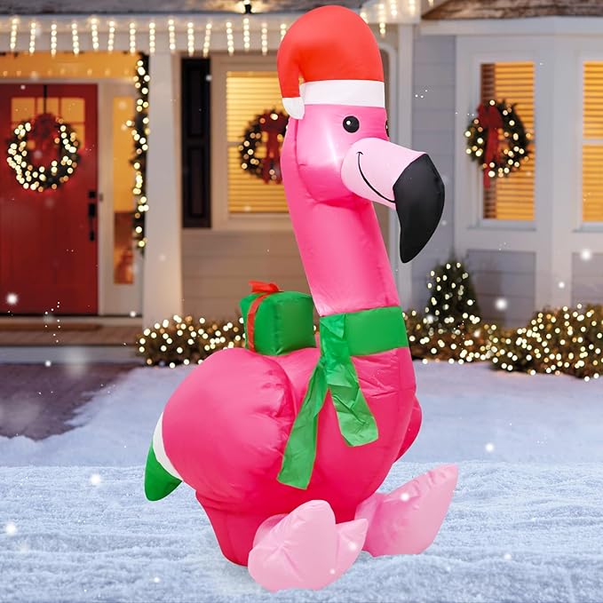 4FT Christmas Inflatable Flamingo Blow up Christmas Decoration Built-in LEDs Indoor Outdoor Yard Graden Party Holiday Decor