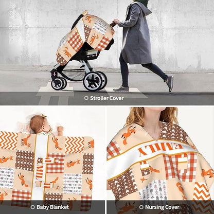Personalized Baby Car Seat Canopy for Babies, Custom Name Car Seat Covers for Boys and Girls, Opening Minky Nursing Breastfeeding Cover for Infant, Carseat Canopies for Newborn (Cute Fox)