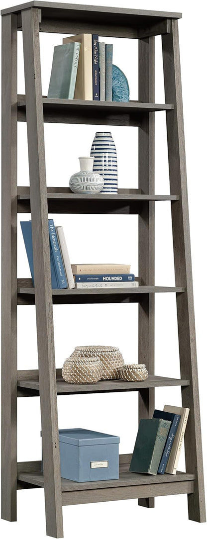Sauder Ladder Bookshelf 5 Tier Trestle Ladder Shelf Wooden Bookcase, in Mystic Oak