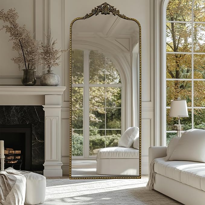 G-LEAF Vintage Baroque Full Length Floor Mirror 75"X30", Victorian Antique Mirror with Brush Black Ornate Metal Frame for Fireplace Entryway Living Room Hallway Bathroom