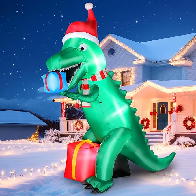 7FT Christmas Inflatables Dinosaur Outdoor Yard Decoration, Christmas Blow Up Giant Dinosaur Holding Gift Boxes with Built-in Bright LED Lights for Xmas Holiday Garden Lawn Yard Party Decor