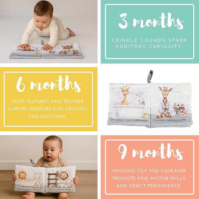 Ali+Oli Baby Cloth Book – Soft Sensory Crinkle Book with Teether for Infants 0-12 Months – Early Learning Touch & Feel Tummy Time Toy – Newborn Shower Gift for Boys & Girls - Bubble Bath