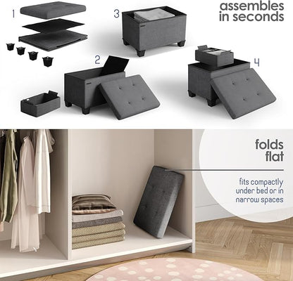 STORAGEBUD Storage Ottoman Cube with Small Bin, 16-in Square Ottoman with Storage for Living Room and Bedroom, Small Ottomans Foot Rest, Fabric Foot Stools Ottomans Max 330lbs, Grey