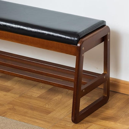 Solid Wood Shoe Bench, 2-Tier Entryway Bench with Cushion and Flip-Open Storage Box, Mid-Century Modern Shoe Bench Rack for Hallway, Mudroom(Black, 21.65'')