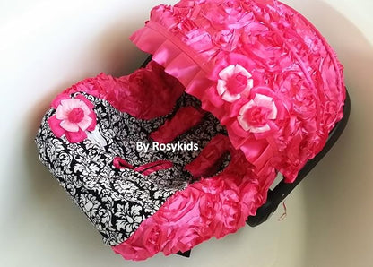 Infant Carseat Canopy Cover Blanket 4 Pc Whole Caboodle Baby Car Seat Cover Kit 3D Rosette Damask Fabric C020201