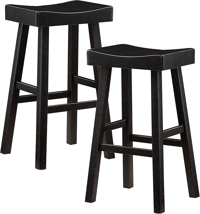 Lexicon Saddle Bar Stools Set of 2 Barstools with Footrest, Armless Dining Chairs for Kitchen Island, Breakfast Nook, Living Room, Pub Height, Black