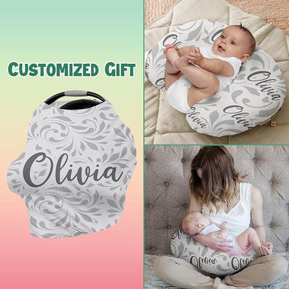 Custom Name Car Seat Canopy - Baby Car Seat Covers, Infant Stroller Cover, Carseat Canopy Christmas Birthday Gifts for Girls and Boys White Leaf Pattern