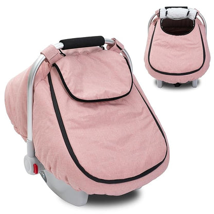 Winter Baby Car Seat Cover, Waterproof Carseat Cover with Zipper Peep Window, Warm Sherpa Fleece Lining, Universal Infant Car Seat Canopy Stroller Cover for Rain Snow Cold Weather (Pink)