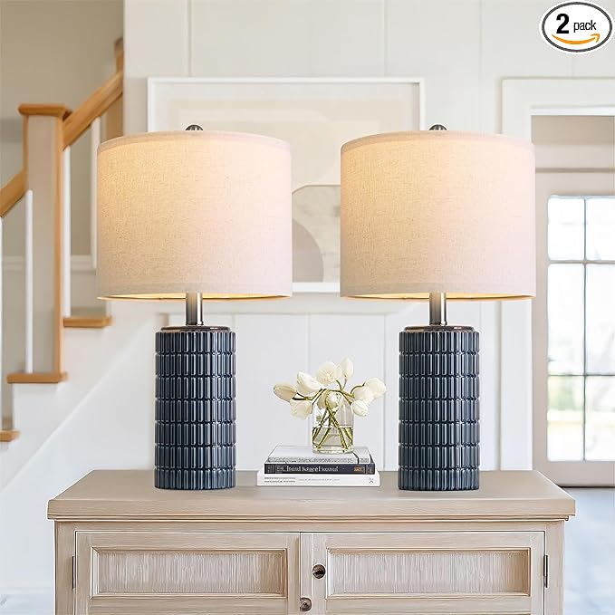 PoKat 20.75" Small Blue Table Lamps, Farmhouse Bedside Lamps for Bedroom Set of 2, Ceramic End Table Lamps for Night Stands Living Room, Modern Nightstand Desk Lamps, Dark Blue