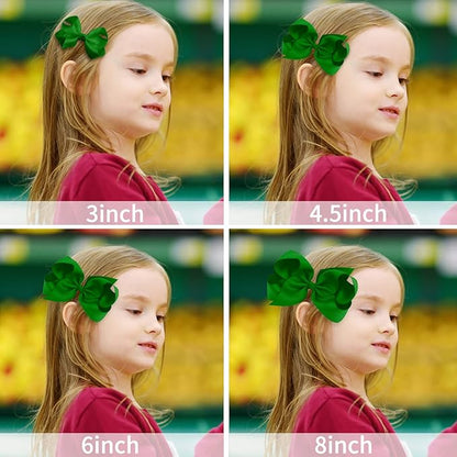 Oaoleer 8PCS Hair Bows for Girls Green Grosgrain Ribbon Boutique Bow Alligator Clips Hair Accessories for Toddlers Little Girls Kids (8inch, 6inch, 4.5inch, 3inch in Pair)