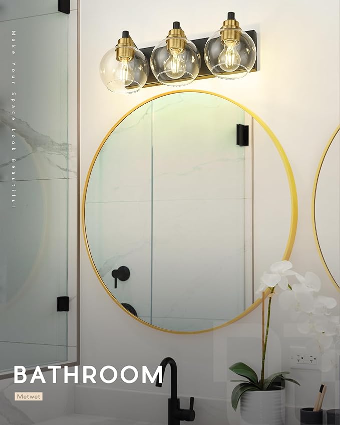 Bathroom Light Fixtures, 3-Light Black and Gold Bathroom Vanity Light, Modern Wall Sconces with Globe Clear Glass Shade, Vanity Lighting Fixtures Over Mirror, VL195-KG-3