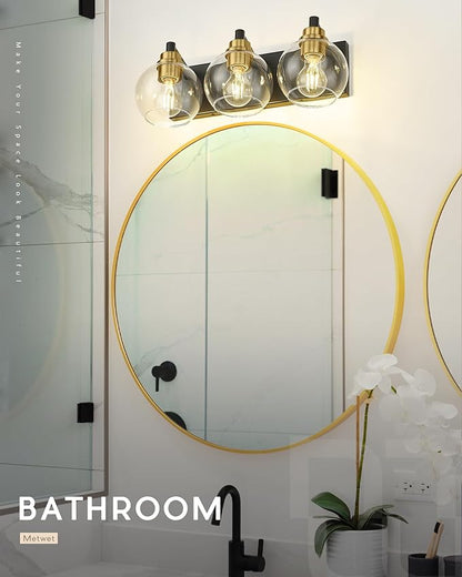 Bathroom Light Fixtures, 3-Light Black and Gold Bathroom Vanity Light, Modern Wall Sconces with Globe Clear Glass Shade, Vanity Lighting Fixtures Over Mirror, VL195-KG-3