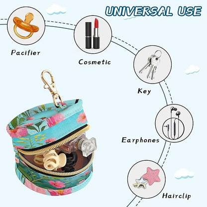 Pacifier Holder with Clip Pacifier Case for Diaper Bag Round Baby Pacifier Pouch Box Bag Portable Hummingbird Flower Leaf Far Mountain