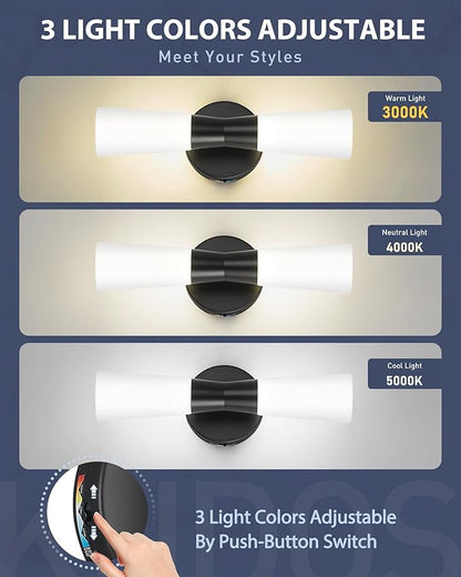 kudos Bathroom Sconces Set of 2, 16inches Black Vanity Light Fixtures, Modern Bathroom Light Fixtures with Milk White Glass, Dimmerable 3000K/4000K/5000K for Bedroom Hallway, KDVL13-BK-2PK