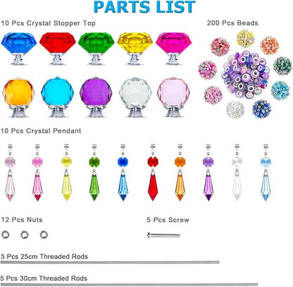 Exway 247 PCS DIY Fairy Wand Beaded Garden Stake Kits with Assortment Large Hole Beads 10 Crystal Stopper Top Threaded Rods and Sparkling Crystal Pendants for Outdoor Indoor Decor