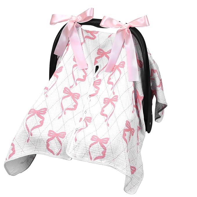 Tegeme 2-in-1 Pink Bow Muslin Baby Car Seat Cover Breathable Multi-use Nursing Infant Car Seat Cover Windproof Canopy for Breastfeeding Strollers Carriers