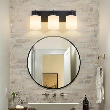 Bathroom Vanity Light Fixture, 3-Light Matte Black Bathroom Light Fixtures Over Mirror with Milky White Glass Shades, Modern Vanity Lights for Bathroom Living Room Hallway (Bulbs Not Included)