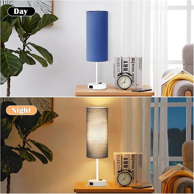 ZJOJO Table Lamp for Bedroom 2 Pack,18in Bedside Lamps with 3 Way Dimmable Rocker Switch & AC Outlet,Nightstand Desk Lamp with Blue Fabric Shade White Base for Living Room Home Decor Lights