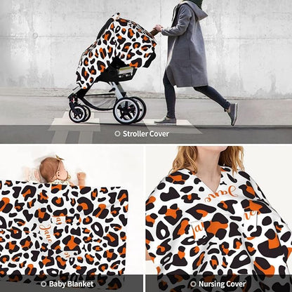 Personalized Leopard Print Baby Infant Car Seats Canopy for Babies with Name, Custom Lightweight Covers for Baby Boys Girls, Minky Nursing Breastfeeding Stroller Cover Canopies for Newborn