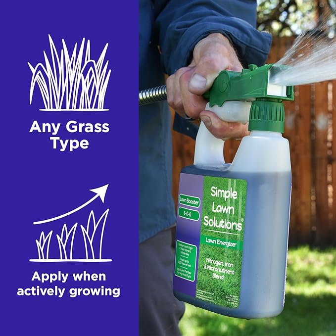 Commercial Grade Lawn Fertilizer with Iron- Liquid Fertilizer Spray- Nitrogen and Iron for Deeper Green Turf- Any Grass Type - Simple Lawn Solutions - Lawn Energizer - 32 Ounce