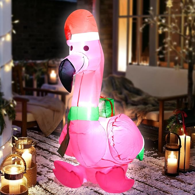 4FT Christmas Inflatable Flamingo Blow up Christmas Decoration Built-in LEDs Indoor Outdoor Yard Graden Party Holiday Decor