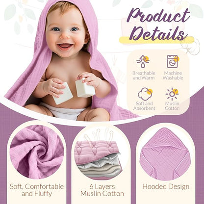 VitalCozy 12 Pcs Baby Muslin Hooded Bath Towels and Washcloths, Muslin Hooded Baby Towels Absorbent Blankets for Gift Newborn Infant Shower (Purple Series)