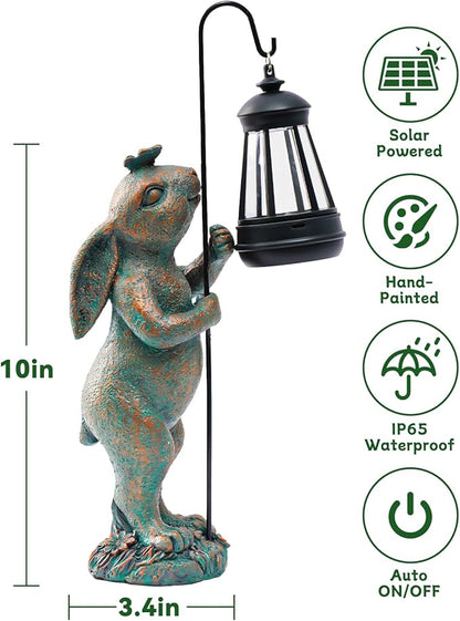 Garden Statues Outdoor Bunny with Solar Lantern – Rabbit Yard Decor, Waterproof Resin Figurine Pathway Light for Lawn & Patio