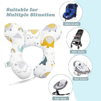 Baby Reversible Travel Pillow for Car Seat & Stroller, Lightweight U-Shaped Comfort Seat Accessory, Elephant Design