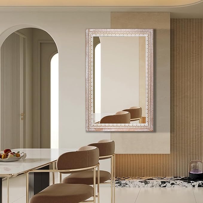 36x24 Inch Wooden Rectangle Bathroom Mirror with Beaded Frame, Rustic Farmhouse Decorative Wall Mirrors for Over Sink, Living Room, Entryway (Horizontal/Vertical Mounting)